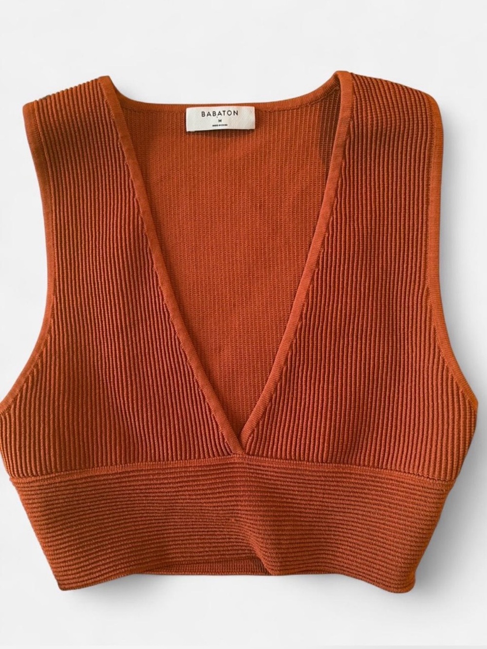 Aritzia Babaton Sculpt Knit Deep V Tank Top Crop Rust Orange M